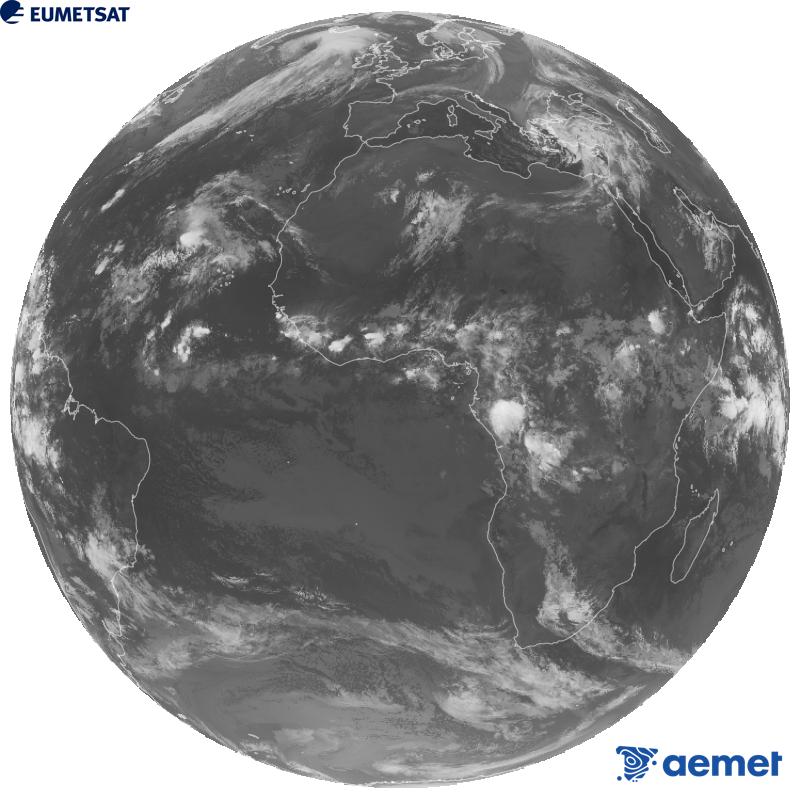 Vue d'ensemble du canal infrarouge (longueur d'onde de 10,5 �m) du satellite g�ostationnaire europ�en Meteosat-12, qui fait partie de la troisi�me g�n�ration de satellites Meteosat. Les heures indiqu�es correspondent � celles de la p�ninsule (une heure de moins aux �les Canaries).&nbsp;mercredi, 14 octobre  2026 05:00