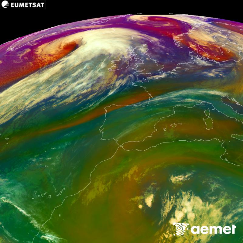 RGB irudi hori METEOSAT-12 satelitearen kanal infragorrien eta ur-lurrunaren informazioa erabiliz sortzen da, Meteosat (MTG) sateliteen hirugarren belaunaldikoa. Aire-masen ezaugarrien ideia bat ematen digu. Ordu horiek penintsulari dagozkio (ordubete gutxiago Kanariar Uharteetan).&nbsp;asteazkena, 2026ko urriak 14, ordua: 06:00