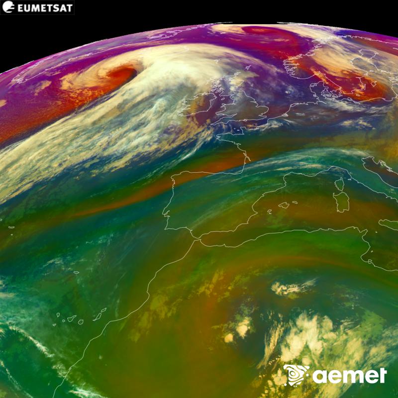 RGB irudi hori METEOSAT-12 satelitearen kanal infragorrien eta ur-lurrunaren informazioa erabiliz sortzen da, Meteosat (MTG) sateliteen hirugarren belaunaldikoa. Aire-masen ezaugarrien ideia bat ematen digu. Ordu horiek penintsulari dagozkio (ordubete gutxiago Kanariar Uharteetan).&nbsp;asteazkena, 2026ko urriak 14, ordua: 07:00