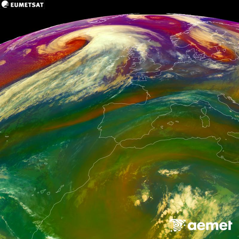 RGB irudi hori METEOSAT-12 satelitearen kanal infragorrien eta ur-lurrunaren informazioa erabiliz sortzen da, Meteosat (MTG) sateliteen hirugarren belaunaldikoa. Aire-masen ezaugarrien ideia bat ematen digu. Ordu horiek penintsulari dagozkio (ordubete gutxiago Kanariar Uharteetan).&nbsp;asteazkena, 2026ko urriak 14, ordua: 08:00