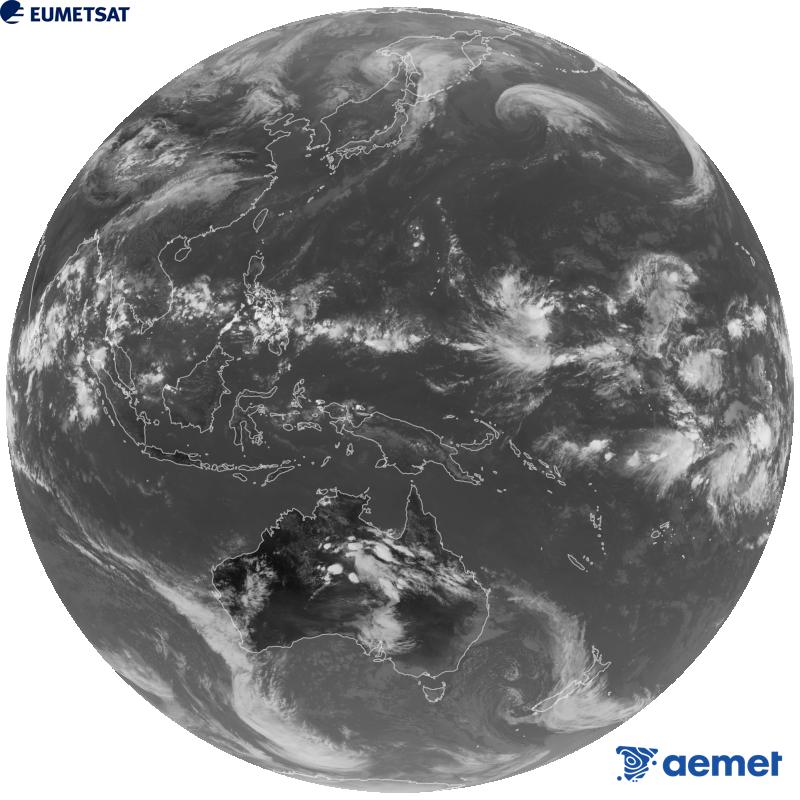 Image globale du canal infrarouge (longueur d'onde 10,4 �m) du satellite g�ostationnaire japonais Himawari-9. Les heures indiqu�es se rapportent � la p�ninsule (une heure de moins aux �les Canaries).&nbsp;mercredi, 14 octobre  2026 08:00