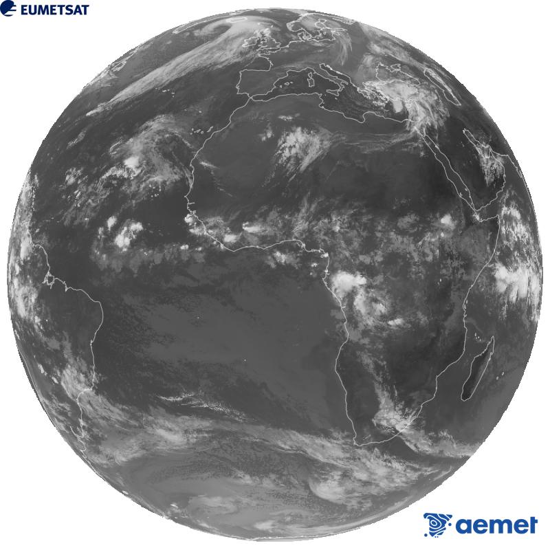 Vue d'ensemble du canal infrarouge (longueur d'onde de 10,5 �m) du satellite g�ostationnaire europ�en Meteosat-12, qui fait partie de la troisi�me g�n�ration de satellites Meteosat. Les heures indiqu�es correspondent � celles de la p�ninsule (une heure de moins aux �les Canaries).&nbsp;mercredi, 14 octobre  2026 08:00