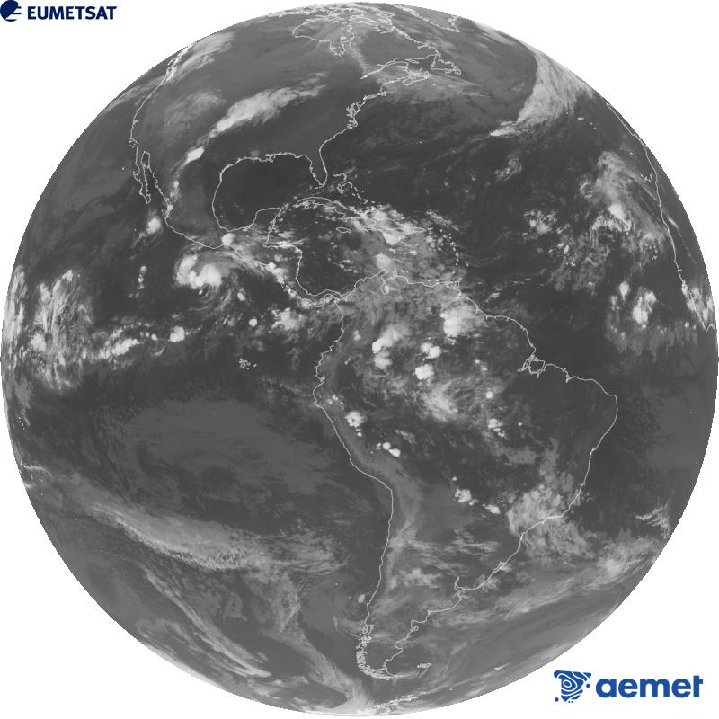 Vue d'ensemble du canal infrarouge (longueur d'onde 10,3 �m) du satellite g�ostationnaire am�ricain GOES-19. Les heures indiqu�es se rapportent � la p�ninsule (une heure de moins aux �les Canaries).&nbsp;mercredi, 14 octobre  2026 08:00