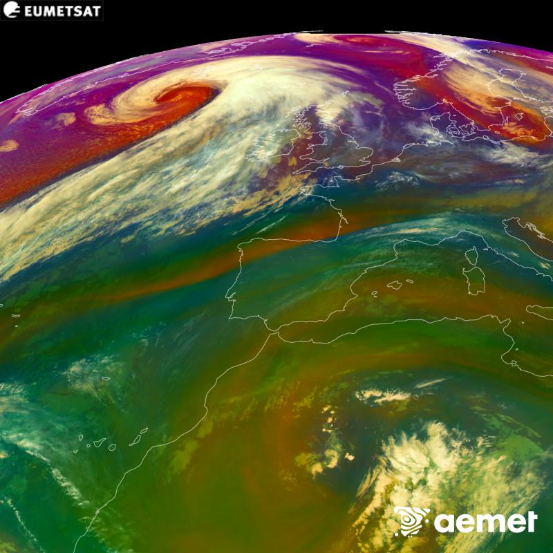 RGB irudi hori METEOSAT-12 satelitearen kanal infragorrien eta ur-lurrunaren informazioa erabiliz sortzen da, Meteosat (MTG) sateliteen hirugarren belaunaldikoa. Aire-masen ezaugarrien ideia bat ematen digu. Ordu horiek penintsulari dagozkio (ordubete gutxiago Kanariar Uharteetan).&nbsp;asteazkena, 2026ko urriak 14, ordua: 09:00