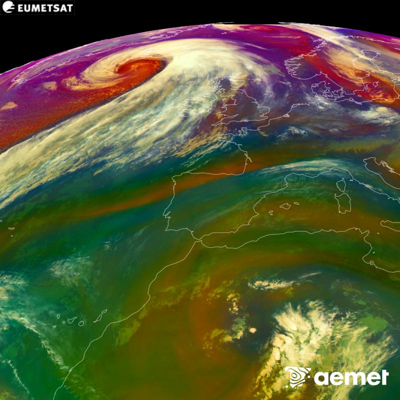 RGB irudi hori METEOSAT-12 satelitearen kanal infragorrien eta ur-lurrunaren informazioa erabiliz sortzen da, Meteosat (MTG) sateliteen hirugarren belaunaldikoa. Aire-masen ezaugarrien ideia bat ematen digu. Ordu horiek penintsulari dagozkio (ordubete gutxiago Kanariar Uharteetan).&nbsp;asteazkena, 2026ko urriak 14, ordua: 10:00