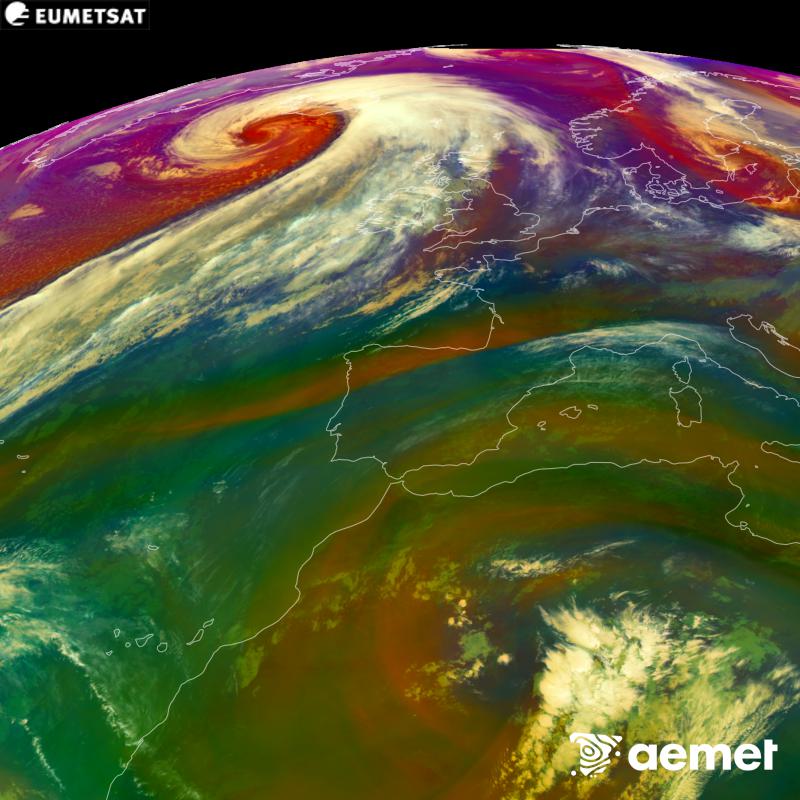 RGB irudi hori METEOSAT-12 satelitearen kanal infragorrien eta ur-lurrunaren informazioa erabiliz sortzen da, Meteosat (MTG) sateliteen hirugarren belaunaldikoa. Aire-masen ezaugarrien ideia bat ematen digu. Ordu horiek penintsulari dagozkio (ordubete gutxiago Kanariar Uharteetan).&nbsp;asteazkena, 2026ko urriak 14, ordua: 11:00