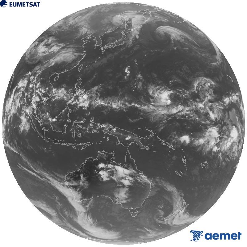 Image globale du canal infrarouge (longueur d'onde 10,4 �m) du satellite g�ostationnaire japonais Himawari-9. Les heures indiqu�es se rapportent � la p�ninsule (une heure de moins aux �les Canaries).&nbsp;mercredi, 14 octobre  2026 11:00