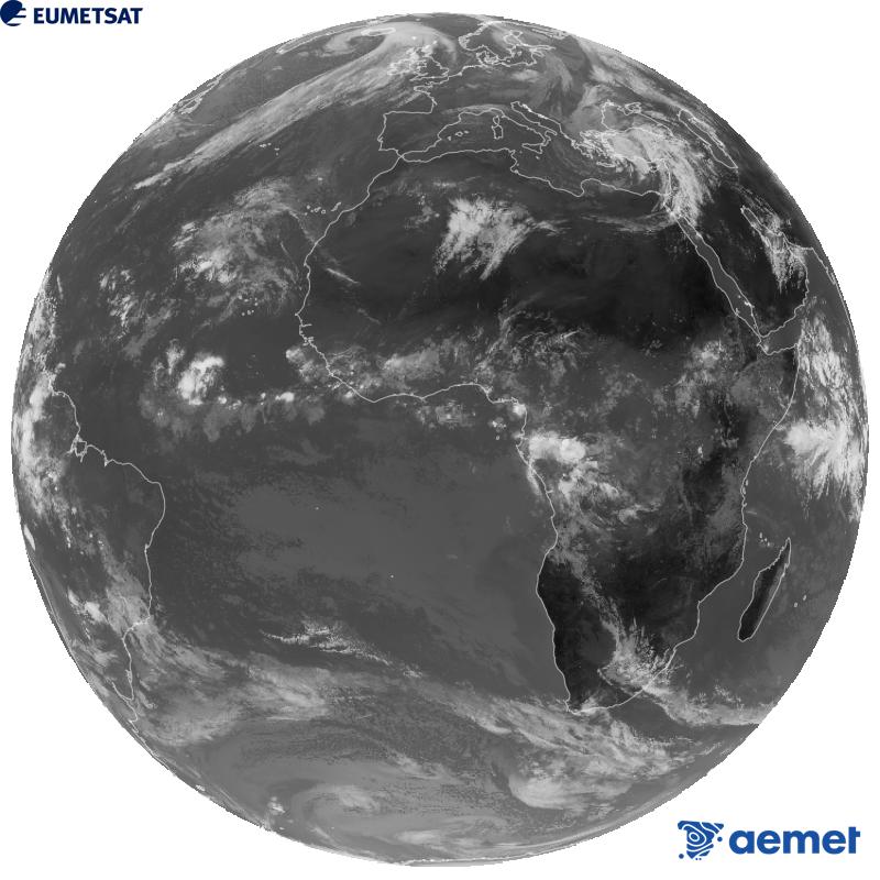 Vue d'ensemble du canal infrarouge (longueur d'onde de 10,5 �m) du satellite g�ostationnaire europ�en Meteosat-12, qui fait partie de la troisi�me g�n�ration de satellites Meteosat. Les heures indiqu�es correspondent � celles de la p�ninsule (une heure de moins aux �les Canaries).&nbsp;mercredi, 14 octobre  2026 11:00