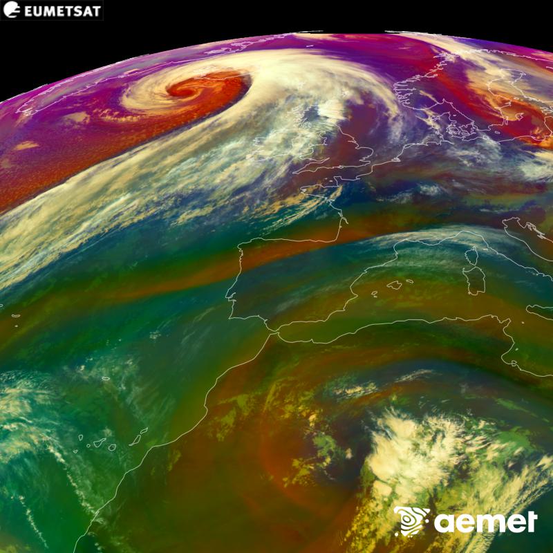 RGB irudi hori METEOSAT-12 satelitearen kanal infragorrien eta ur-lurrunaren informazioa erabiliz sortzen da, Meteosat (MTG) sateliteen hirugarren belaunaldikoa. Aire-masen ezaugarrien ideia bat ematen digu. Ordu horiek penintsulari dagozkio (ordubete gutxiago Kanariar Uharteetan).&nbsp;asteazkena, 2026ko urriak 14, ordua: 12:00