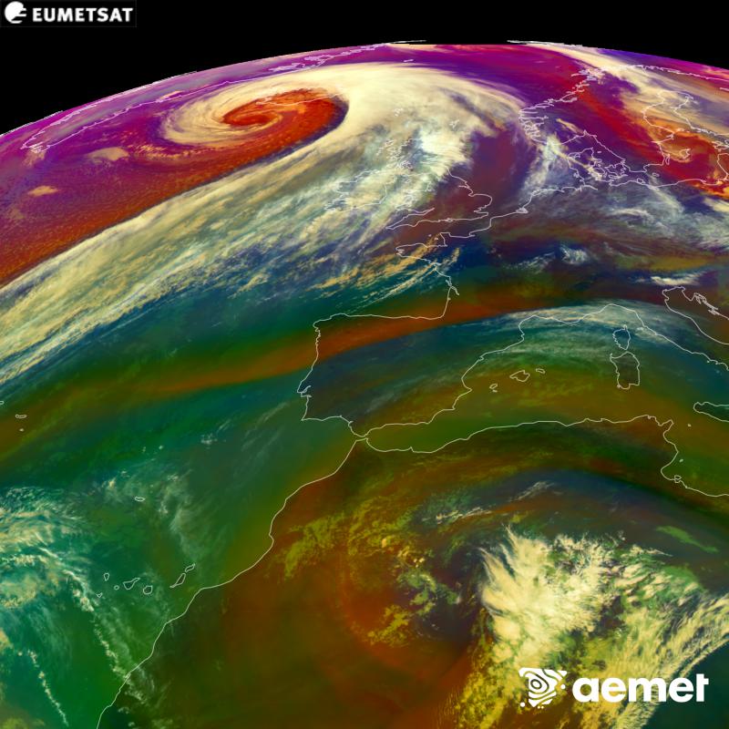 RGB irudi hori METEOSAT-12 satelitearen kanal infragorrien eta ur-lurrunaren informazioa erabiliz sortzen da, Meteosat (MTG) sateliteen hirugarren belaunaldikoa. Aire-masen ezaugarrien ideia bat ematen digu. Ordu horiek penintsulari dagozkio (ordubete gutxiago Kanariar Uharteetan).&nbsp;asteazkena, 2026ko urriak 14, ordua: 13:00
