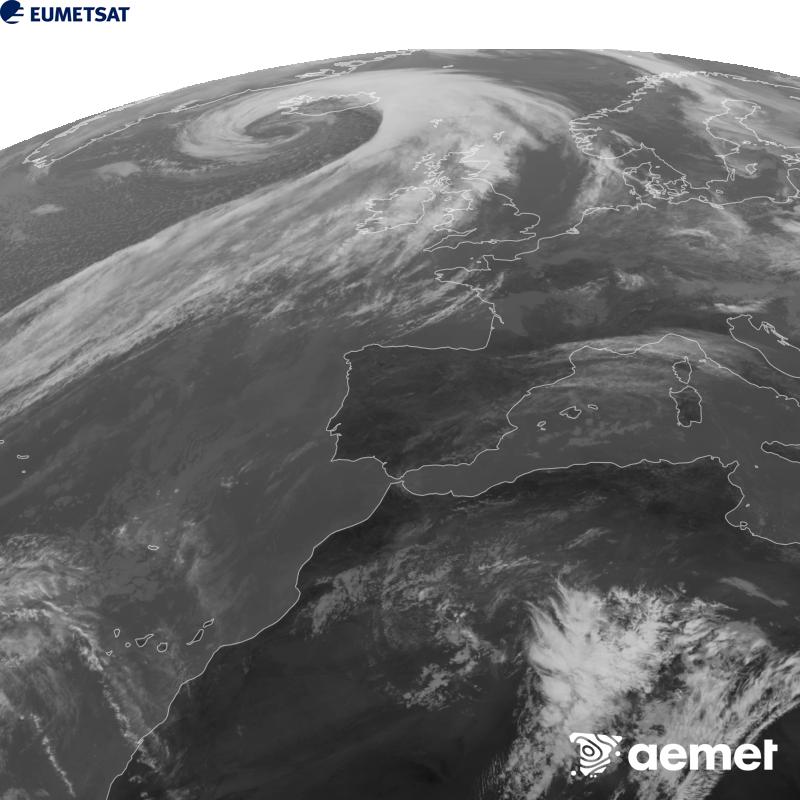 Irudi hau METEOSAT-12 satelitearen 10.5 �m Infragorri kanaleko informazioa erabiliz sortzen da, Meteosat (MTG) sateliteen hirugarren belaunaldikoa. Irudiak giza begiaren pertzepzioaren antz handiagoa izan dezan, grisen eskala alderantzizkoa da. Ordu horiek penintsulari dagozkio (ordubete gutxiago Kanariar Uharteetan).&nbsp;asteazkena, 2026ko urriak 14, ordua: 13:00
