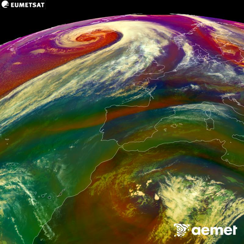 RGB irudi hori METEOSAT-12 satelitearen kanal infragorrien eta ur-lurrunaren informazioa erabiliz sortzen da, Meteosat (MTG) sateliteen hirugarren belaunaldikoa. Aire-masen ezaugarrien ideia bat ematen digu. Ordu horiek penintsulari dagozkio (ordubete gutxiago Kanariar Uharteetan).&nbsp;asteazkena, 2026ko urriak 14, ordua: 14:00