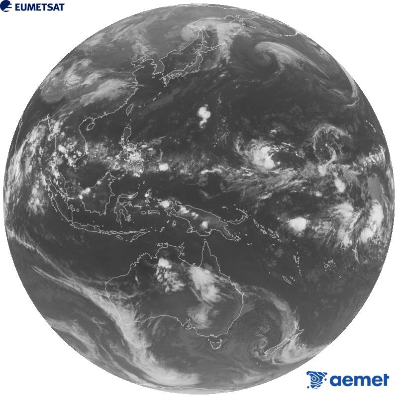 Image globale du canal infrarouge (longueur d'onde 10,4 �m) du satellite g�ostationnaire japonais Himawari-9. Les heures indiqu�es se rapportent � la p�ninsule (une heure de moins aux �les Canaries).&nbsp;mercredi, 14 octobre  2026 14:00