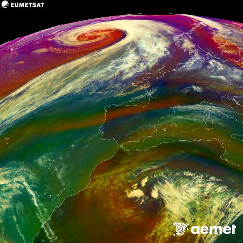 RGB irudi hori METEOSAT-12 satelitearen kanal infragorrien eta ur-lurrunaren informazioa erabiliz sortzen da, Meteosat (MTG) sateliteen hirugarren belaunaldikoa. Aire-masen ezaugarrien ideia bat ematen digu. Ordu horiek penintsulari dagozkio (ordubete gutxiago Kanariar Uharteetan).&nbsp;asteazkena, 2026ko urriak 14, ordua: 15:00
