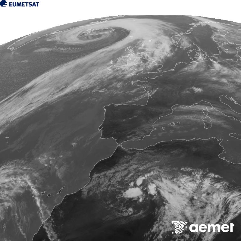 Cette image a �t� g�n�r�e � partir des donn�es du canal infrarouge 10,5 �m du satellite METEOSAT-12, qui fait partie de la troisi�me g�n�ration de satellites Meteosat (MTG). Afin que l'image se rapproche davantage de la perception de l'oeil humain, l'�chelle de gris a �t� invers�e. Les heures indiqu�es se rapportent � la p�ninsule (une heure de moins aux �les Canaries).&nbsp;mercredi, 14 octobre  2026 16:00