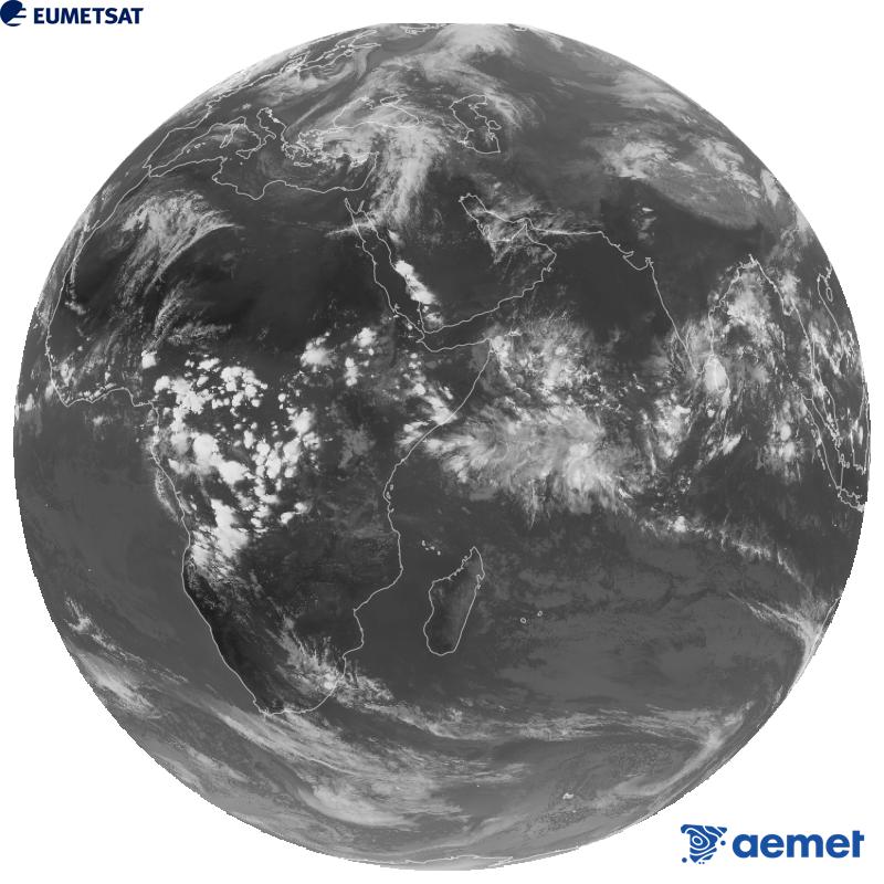 A global image from the infrared channel (wavelength 10.8 �m) of the European geostationary satellite Meteosat-9, part of the second generation of Meteosat satellites. The times shown are for the Iberian Peninsula (one hour earlier in the Canary Islands).&nbsp;Wednesday, 14 October  2026 17:00