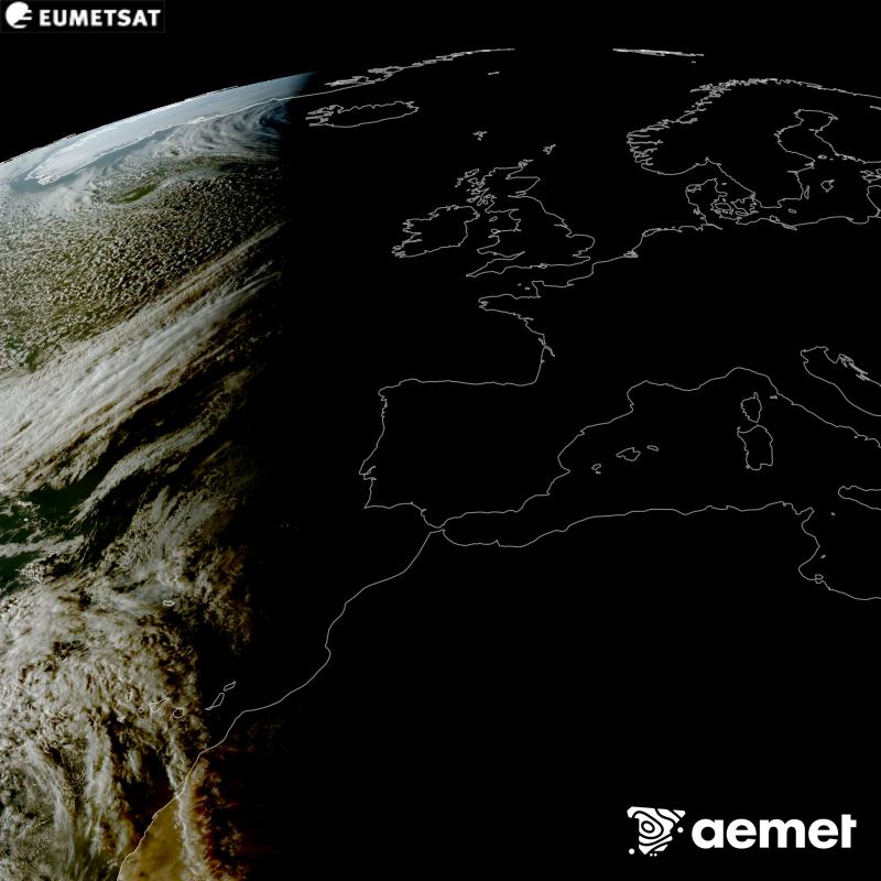 Aquesta imatge RGB es genera utilitzant informaci� dels canals visibles del sat�l�lit METEOSAT-12, pertanyent a la tercera generaci� de sat�l�lits Meteosat (MTG). Per aquest motiu, nom�s hi ha informaci� en la zona il�luminada pel sol. Ens mostra una imatge amb una aparen�a molt similar a la que percebria l'ull hum� des de l'espai. Les hores indicades es refereixen a la pen�nsula (una hora menys a les Illes Can�ries).&nbsp;dimecres, 14 d?octubre  2026 20:00