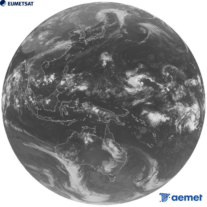 Imaxe global da canle infravermella (lonxitude de onda 10.4 �m) do sat�lite xeoestacionario xapon�s Himawari-9. As horas indicadas ref�rense � pen�nsula (unha hora menos nas Illas Canarias).&nbsp;m�rcores, 14 outubro  2026 20:00