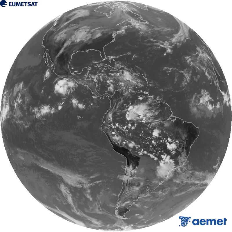 Imaxe global da canle infravermella (lonxitude de onda 10.3 �m) do sat�lite xeoestacionario estadounidense GOES-19. As horas indicadas ref�rense � pen�nsula (unha hora menos nas Illas Canarias).&nbsp;m�rcores, 14 outubro  2026 20:00
