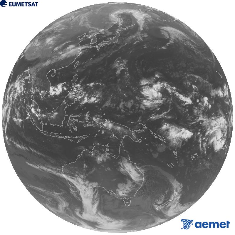 Imaxe global da canle infravermella (lonxitude de onda 10.4 �m) do sat�lite xeoestacionario xapon�s Himawari-9. As horas indicadas ref�rense � pen�nsula (unha hora menos nas Illas Canarias).&nbsp;m�rcores, 14 outubro  2026 23:00