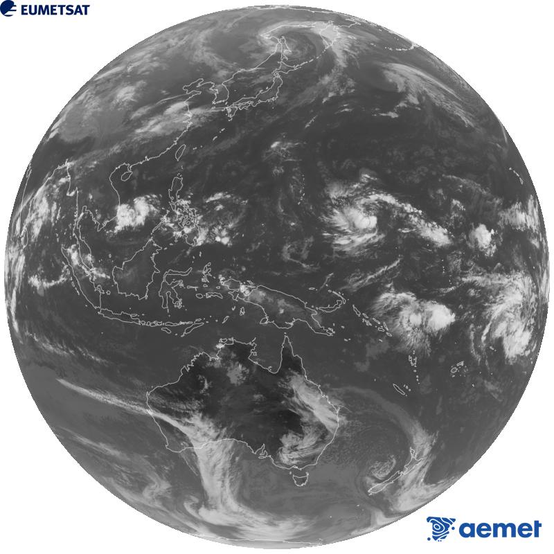 Imaxe global da canle infravermella (lonxitude de onda 10.4 �m) do sat�lite xeoestacionario xapon�s Himawari-9. As horas indicadas ref�rense � pen�nsula (unha hora menos nas Illas Canarias).&nbsp;xoves, 15 outubro  2026 02:00