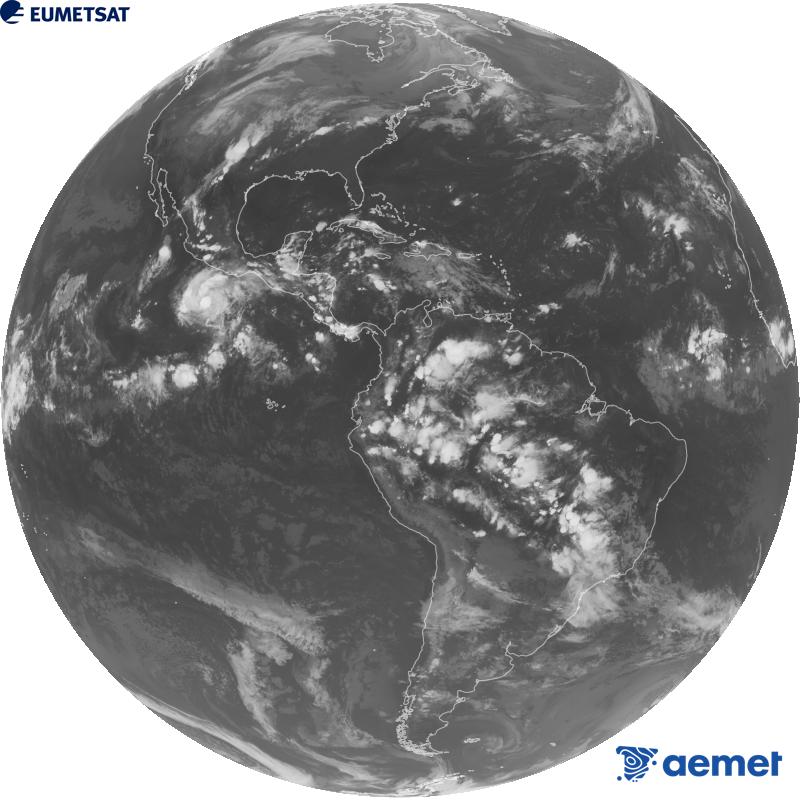 Imaxe global da canle infravermella (lonxitude de onda 10.3 �m) do sat�lite xeoestacionario estadounidense GOES-19. As horas indicadas ref�rense � pen�nsula (unha hora menos nas Illas Canarias).&nbsp;xoves, 15 outubro  2026 02:00