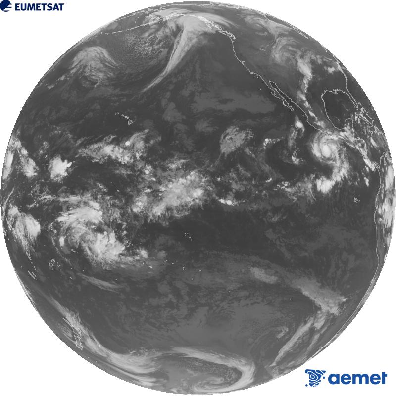 Imaxe global da canle infravermella (lonxitude de onda 10.3 �m) do sat�lite estadounidense GOES-18. As horas indicadas ref�rense � pen�nsula (unha hora menos nas Illas Canarias).&nbsp;xoves, 15 outubro  2026 05:00