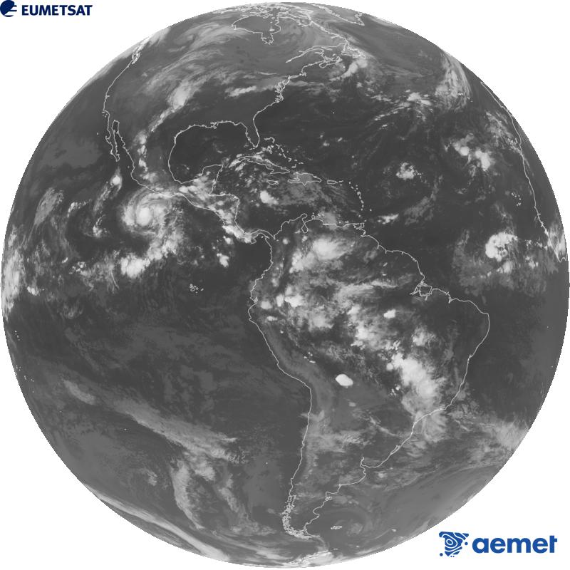 Imaxe global da canle infravermella (lonxitude de onda 10.3 �m) do sat�lite xeoestacionario estadounidense GOES-19. As horas indicadas ref�rense � pen�nsula (unha hora menos nas Illas Canarias).&nbsp;xoves, 15 outubro  2026 05:00