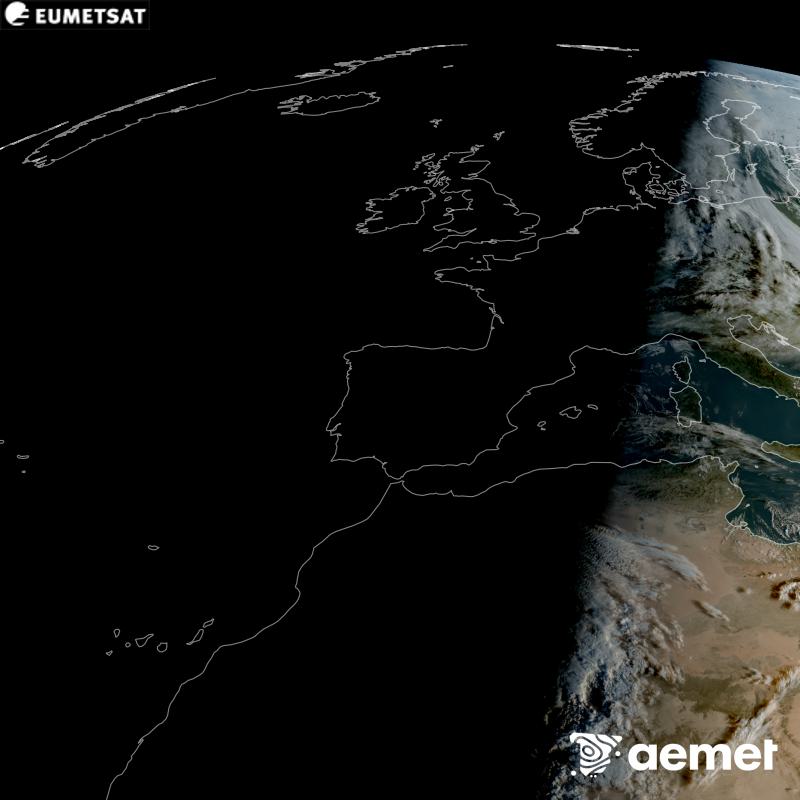 Aquesta imatge RGB es genera utilitzant informaci� dels canals visibles del sat�l�lit METEOSAT-12, pertanyent a la tercera generaci� de sat�l�lits Meteosat (MTG). Per aquest motiu, nom�s hi ha informaci� en la zona il�luminada pel sol. Ens mostra una imatge amb una aparen�a molt similar a la que percebria l'ull hum� des de l'espai. Les hores indicades es refereixen a la pen�nsula (una hora menys a les Illes Can�ries).&nbsp;dijous, 15 d?octubre  2026 08:00