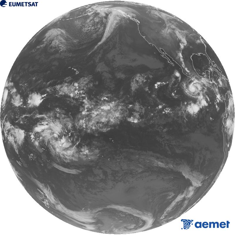 Imaxe global da canle infravermella (lonxitude de onda 10.3 �m) do sat�lite estadounidense GOES-18. As horas indicadas ref�rense � pen�nsula (unha hora menos nas Illas Canarias).&nbsp;xoves, 15 outubro  2026 08:00