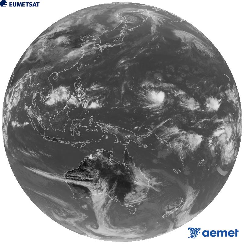 Imaxe global da canle infravermella (lonxitude de onda 10.4 �m) do sat�lite xeoestacionario xapon�s Himawari-9. As horas indicadas ref�rense � pen�nsula (unha hora menos nas Illas Canarias).&nbsp;xoves, 15 outubro  2026 08:00