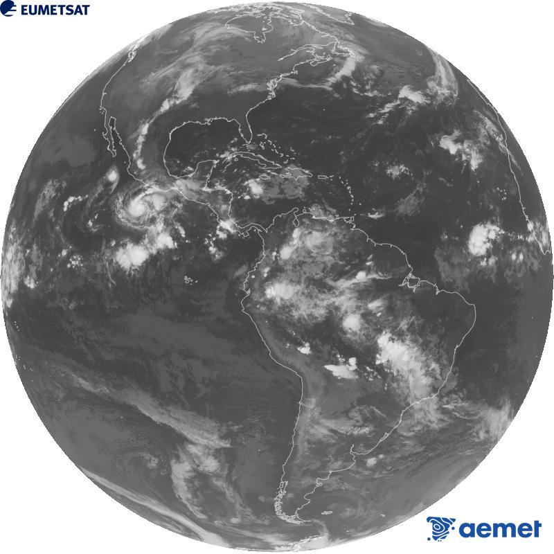 Imaxe global da canle infravermella (lonxitude de onda 10.3 �m) do sat�lite xeoestacionario estadounidense GOES-19. As horas indicadas ref�rense � pen�nsula (unha hora menos nas Illas Canarias).&nbsp;xoves, 15 outubro  2026 08:00