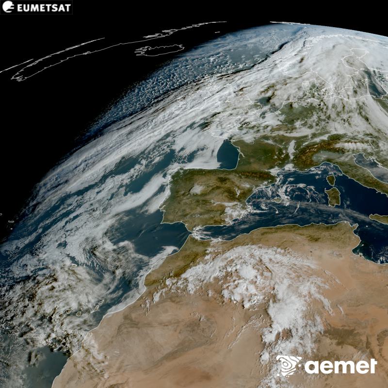 Aquesta imatge RGB es genera utilitzant informaci� dels canals visibles del sat�l�lit METEOSAT-12, pertanyent a la tercera generaci� de sat�l�lits Meteosat (MTG). Per aquest motiu, nom�s hi ha informaci� en la zona il�luminada pel sol. Ens mostra una imatge amb una aparen�a molt similar a la que percebria l'ull hum� des de l'espai. Les hores indicades es refereixen a la pen�nsula (una hora menys a les Illes Can�ries).&nbsp;dijous, 15 d?octubre  2026 10:00