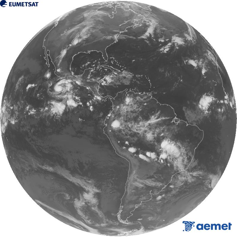 Imaxe global da canle infravermella (lonxitude de onda 10.3 �m) do sat�lite xeoestacionario estadounidense GOES-19. As horas indicadas ref�rense � pen�nsula (unha hora menos nas Illas Canarias).&nbsp;xoves, 15 outubro  2026 11:00