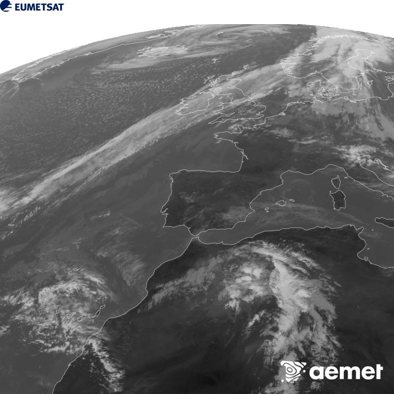 Aquesta imatge es genera utilitzant informaci� del canal Infraroig 10.5 �m del sat�l�lit METEOSAT-12, pertanyent a la tercera generaci� de sat�l�lits Meteosat (MTG). Perqu� la imatge s'assembli m�s a la percepci� de l'ull hum�, l'escala de grises est� invertida. Les hores indicades es refereixen a la pen�nsula (una hora menys a les Illes Can�ries).&nbsp;dijous, 15 d?octubre  2026 13:00