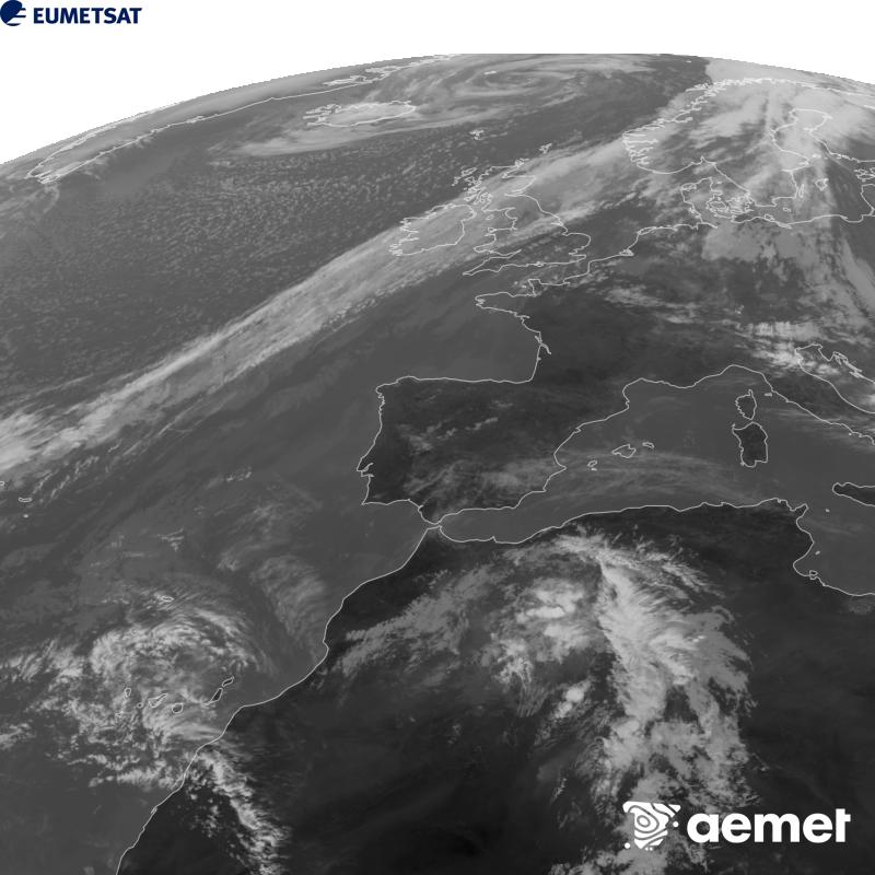 Aquesta imatge es genera utilitzant informaci� del canal Infraroig 10.5 �m del sat�l�lit METEOSAT-12, pertanyent a la tercera generaci� de sat�l�lits Meteosat (MTG). Perqu� la imatge s'assembli m�s a la percepci� de l'ull hum�, l'escala de grises est� invertida. Les hores indicades es refereixen a la pen�nsula (una hora menys a les Illes Can�ries).&nbsp;dijous, 15 d?octubre  2026 14:00