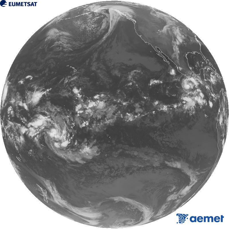Imaxe global da canle infravermella (lonxitude de onda 10.3 �m) do sat�lite estadounidense GOES-18. As horas indicadas ref�rense � pen�nsula (unha hora menos nas Illas Canarias).&nbsp;xoves, 15 outubro  2026 14:00