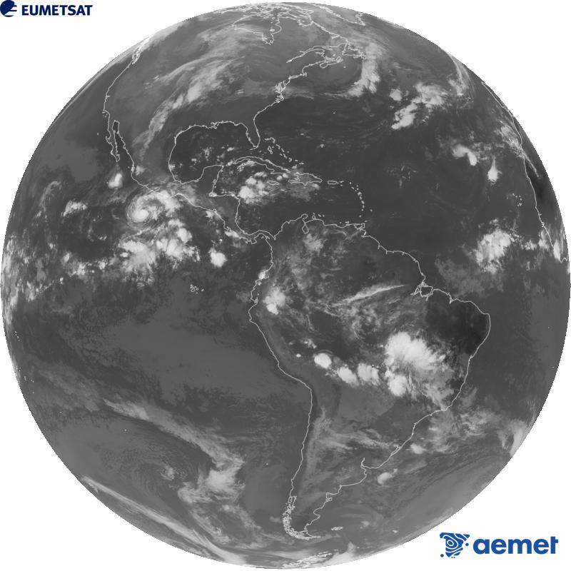 Imaxe global da canle infravermella (lonxitude de onda 10.3 �m) do sat�lite xeoestacionario estadounidense GOES-19. As horas indicadas ref�rense � pen�nsula (unha hora menos nas Illas Canarias).&nbsp;xoves, 15 outubro  2026 14:00