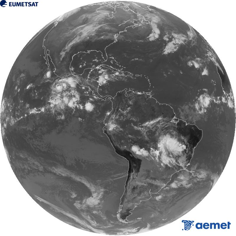 Imaxe global da canle infravermella (lonxitude de onda 10.3 �m) do sat�lite xeoestacionario estadounidense GOES-19. As horas indicadas ref�rense � pen�nsula (unha hora menos nas Illas Canarias).&nbsp;xoves, 15 outubro  2026 17:00
