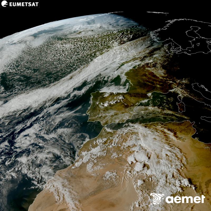 Aquesta imatge RGB es genera utilitzant informaci� dels canals visibles del sat�l�lit METEOSAT-12, pertanyent a la tercera generaci� de sat�l�lits Meteosat (MTG). Per aquest motiu, nom�s hi ha informaci� en la zona il�luminada pel sol. Ens mostra una imatge amb una aparen�a molt similar a la que percebria l'ull hum� des de l'espai. Les hores indicades es refereixen a la pen�nsula (una hora menys a les Illes Can�ries).&nbsp;dijous, 15 d?octubre  2026 18:00