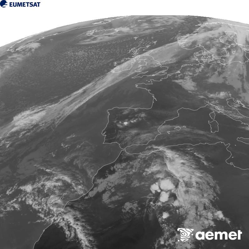 Aquesta imatge es genera utilitzant informaci� del canal Infraroig 10.5 �m del sat�l�lit METEOSAT-12, pertanyent a la tercera generaci� de sat�l�lits Meteosat (MTG). Perqu� la imatge s'assembli m�s a la percepci� de l'ull hum�, l'escala de grises est� invertida. Les hores indicades es refereixen a la pen�nsula (una hora menys a les Illes Can�ries).&nbsp;dijous, 15 d?octubre  2026 18:00