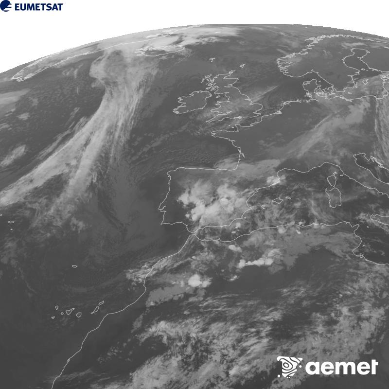 Irudi hau METEOSAT-12 satelitearen 10.5 �m Infragorri kanaleko informazioa erabiliz sortzen da, Meteosat (MTG) sateliteen hirugarren belaunaldikoa. Irudiak giza begiaren pertzepzioaren antz handiagoa izan dezan, grisen eskala alderantzizkoa da. Ordu horiek penintsulari dagozkio (ordubete gutxiago Kanariar Uharteetan).&nbsp;larunbata, 2026ko urriak 17, ordua: 21:00