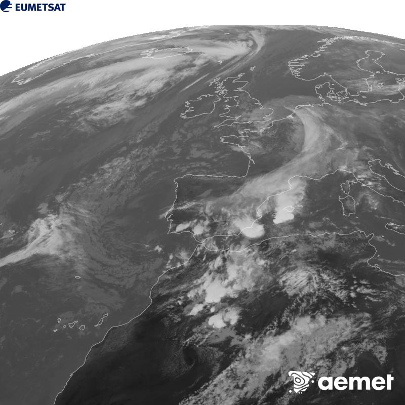 Irudi hau METEOSAT-12 satelitearen 10.5 �m Infragorri kanaleko informazioa erabiliz sortzen da, Meteosat (MTG) sateliteen hirugarren belaunaldikoa. Irudiak giza begiaren pertzepzioaren antz handiagoa izan dezan, grisen eskala alderantzizkoa da. Ordu horiek penintsulari dagozkio (ordubete gutxiago Kanariar Uharteetan).&nbsp;igandea, 2026ko urriak 18, ordua: 16:00