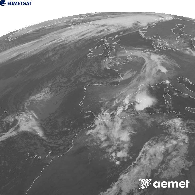 Irudi hau METEOSAT-12 satelitearen 10.5 �m Infragorri kanaleko informazioa erabiliz sortzen da, Meteosat (MTG) sateliteen hirugarren belaunaldikoa. Irudiak giza begiaren pertzepzioaren antz handiagoa izan dezan, grisen eskala alderantzizkoa da. Ordu horiek penintsulari dagozkio (ordubete gutxiago Kanariar Uharteetan).&nbsp;astelehena, 2026ko urriak 19, ordua: 00:00