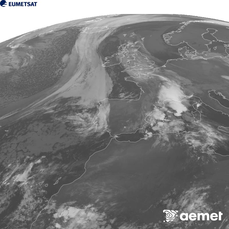 Irudi hau METEOSAT-12 satelitearen 10.5 �m Infragorri kanaleko informazioa erabiliz sortzen da, Meteosat (MTG) sateliteen hirugarren belaunaldikoa. Irudiak giza begiaren pertzepzioaren antz handiagoa izan dezan, grisen eskala alderantzizkoa da. Ordu horiek penintsulari dagozkio (ordubete gutxiago Kanariar Uharteetan).&nbsp;asteartea, 2026ko urriak 20, ordua: 07:00