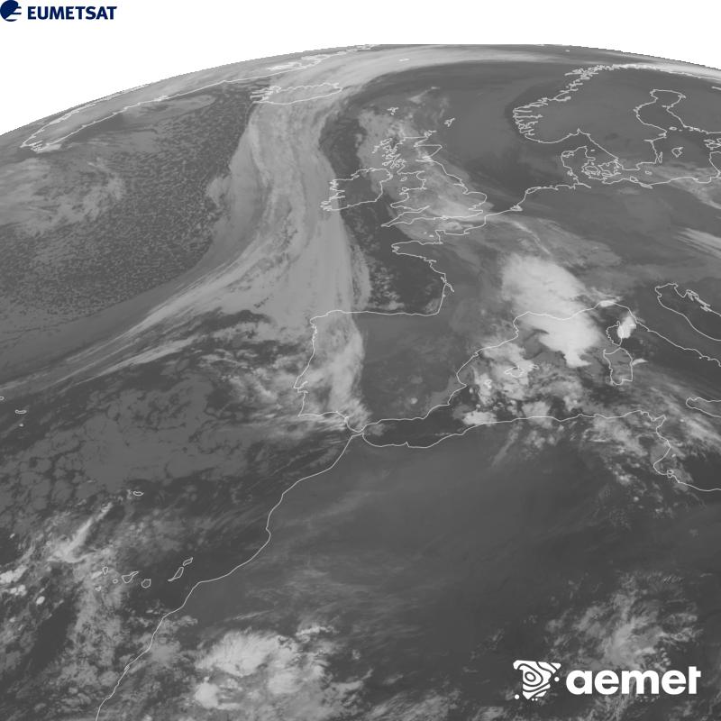 Irudi hau METEOSAT-12 satelitearen 10.5 �m Infragorri kanaleko informazioa erabiliz sortzen da, Meteosat (MTG) sateliteen hirugarren belaunaldikoa. Irudiak giza begiaren pertzepzioaren antz handiagoa izan dezan, grisen eskala alderantzizkoa da. Ordu horiek penintsulari dagozkio (ordubete gutxiago Kanariar Uharteetan).&nbsp;asteartea, 2026ko urriak 20, ordua: 09:00