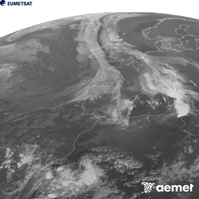 Esta imagen se genera utilizando informaci�n del canal Infrarrojo 10.5 �m del sat�lite METEOSAT-12, perteneciente a la tercera generaci�n de sat�lites Meteosat (MTG). Para que la imagen se asemeje m�s a la percepci�n del ojo humano, la escala de grises est� invertida. Las horas indicadas se refieren a la pen�nsula (una hora menos en las Islas Canarias).&nbsp;martes, 20 octubre 2026 a las 19:00