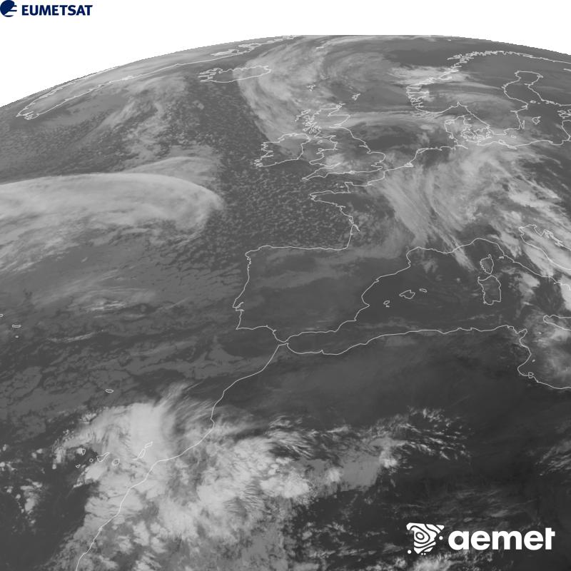 Cette image a �t� g�n�r�e � partir des donn�es du canal infrarouge 10,5 �m du satellite METEOSAT-12, qui fait partie de la troisi�me g�n�ration de satellites Meteosat (MTG). Afin que l'image se rapproche davantage de la perception de l'oeil humain, l'�chelle de gris a �t� invers�e. Les heures indiqu�es se rapportent � la p�ninsule (une heure de moins aux �les Canaries).&nbsp;mercredi, 21 octobre  2026 11:00