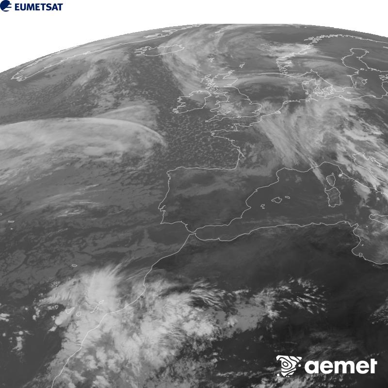 Cette image a �t� g�n�r�e � partir des donn�es du canal infrarouge 10,5 �m du satellite METEOSAT-12, qui fait partie de la troisi�me g�n�ration de satellites Meteosat (MTG). Afin que l'image se rapproche davantage de la perception de l'oeil humain, l'�chelle de gris a �t� invers�e. Les heures indiqu�es se rapportent � la p�ninsule (une heure de moins aux �les Canaries).&nbsp;mercredi, 21 octobre  2026 12:00