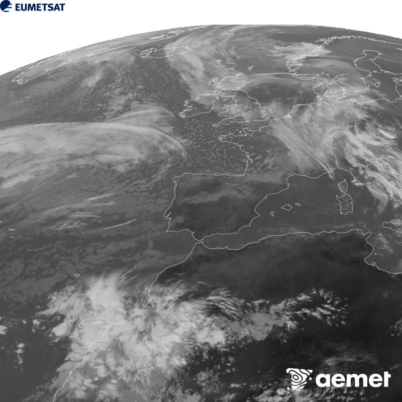 Cette image a �t� g�n�r�e � partir des donn�es du canal infrarouge 10,5 �m du satellite METEOSAT-12, qui fait partie de la troisi�me g�n�ration de satellites Meteosat (MTG). Afin que l'image se rapproche davantage de la perception de l'oeil humain, l'�chelle de gris a �t� invers�e. Les heures indiqu�es se rapportent � la p�ninsule (une heure de moins aux �les Canaries).&nbsp;mercredi, 21 octobre  2026 13:00